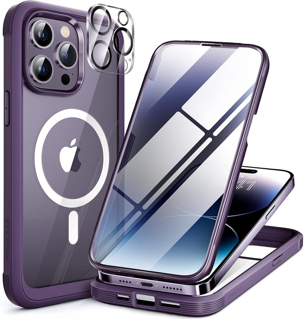 Miracase Magnetic for iPhone 14 Pro Case, [Compatible with MagSafe] [Built-in Tempered Glass Screen Protector] Full-Body Rugged Protective Case with Camera Lens Protector, Magnetic Dark Purple