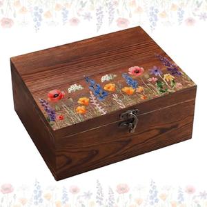 Gerrii Wildflower Wooden Keepsake Box Wedding Baby Shower Spring Flower Memory Storage Box with Buckle for Birthday Baby in Bloom Party(Wildflower Mix,Brown,11.02 x 8.86 x 4.92 Inches)