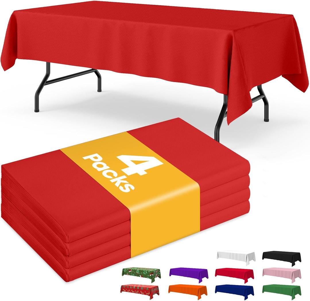 Red Plastic Table Cloth - 4 Pack 54" × 108" Rectangle Disposable Tablecloths for 6FT Tables, Waterproof Table Cover for Party, Holiday & Gathering Use