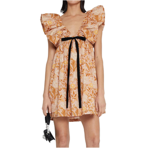 hibshaby Women's Floral Print Mini Dress V Neck Puff Sleeve Dress Short Babydoll Bow Dress (No size)