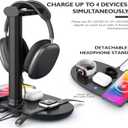 Headphone Stand with 15w Wireless Charger, Suguder 4 in 1 Charging Station Headset Holder for AirPods Max/Pro/4/3/2 iWatch 10/9/8/7/6/5/4/3/2/1/SE iPhone 17/16/15/14/13/12/11/X for Desktop Table Game