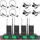 Wireless Microphone System Pro UHF 4 Channel 4 Lavalier Bodypacks 4 Lapel Mic 4 Headsets for Karaoke System Church Speaking Conference Wedding Party