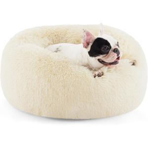 Bedsure Calming Dog Bed for Small Medium Dogs - Donut Washable Medium Pet Bed, 27 inches Anti-Slip Round Fluffy Plush Faux Fur Cat Bed, Ivory Beige