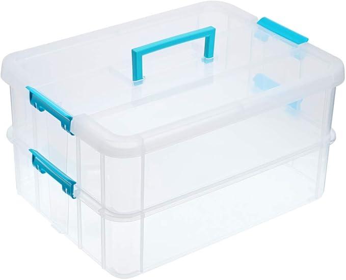 JUXYES 2Tiers Stack Carry Storage Box With Handle, Transparent Stackable Storage Bin With Handle Lid Latching Storage Container for School & Office Supplies (Blue)