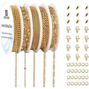 UMAOKANG 12 Meters 5 Rolls Stainless Steel Jewelry Making Chains Gold Plated Chain for Jewelry Making Jewelry Supplies Findings (Gold (Style B))