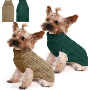 2 Pack Dog Sweaters for Small Dogs Winter Turtleneck Pullover Cable Knit Fleece Stretch Puppy Doggie Chihuahua Toy Poodle Yorkie Pomeranian Boy Girl Pet Clothes (S, Green & Brown)