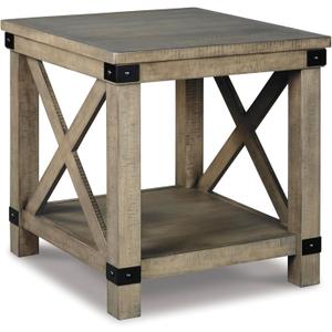 Signature Design by Ashley Aldwin Casual Farmhouse Rectangular End Table with Crossbuck Details, Metal Bracket Accents, Wood, 25" High, Weathered Gray, 26" W x 24" D x 25" H
