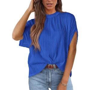 PRETTYGARDEN Women's Tops 2025 Summer Casual Crewneck Short Sleeve Textured Shirts Going Out Work Blouse Basic Tunic Top (Blue, L)