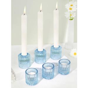 Reversible Blue Glass Candle Holder Set of 6, Thick Heat-Resistant Glass Candlestick Holders for Taper, Tealight, Votive, LED Candles, Perfect for Wedding, Party, Home Dcor