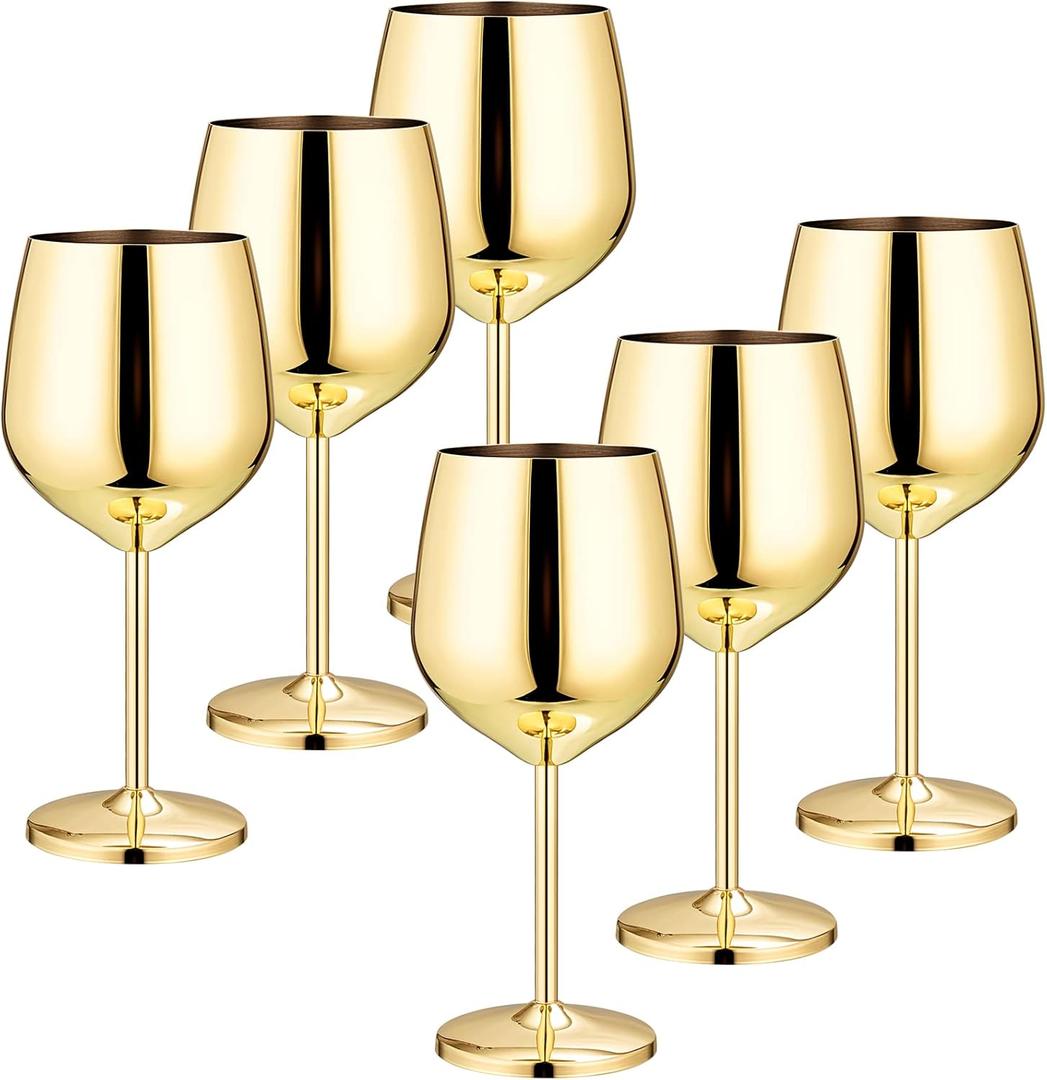 Set of 6 18 oz Stainless Steel Wine Glass Unbreakable Glasses for Travel, Camping and Pool Stemmed Metal Wine Glass Goblet for Outdoor Event Picnic Party Beach Pool Travel Wedding Anniversary (Gold)