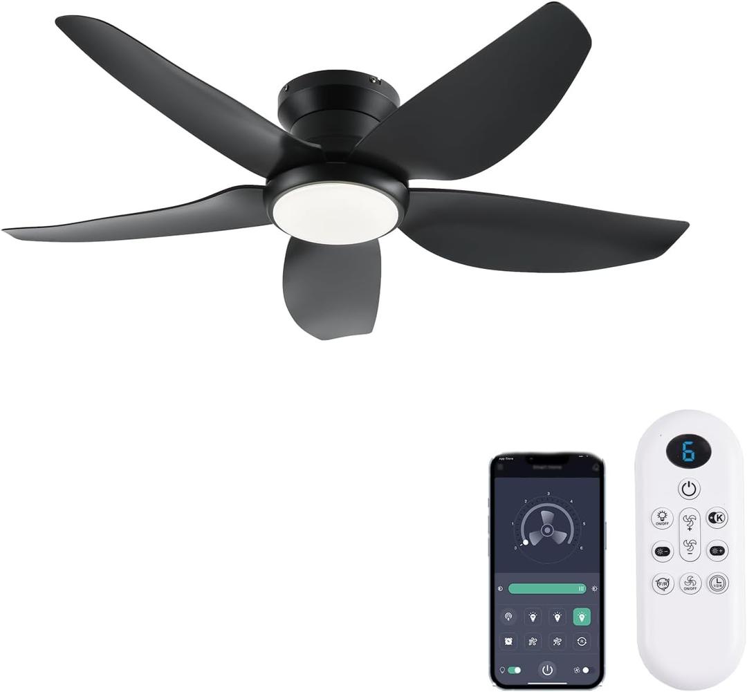 Ceiling Fans with Lights, 43 Inch Low Profile Ceiling Fan with Light and Remote/App Control, Flush Mount, Reversible DC Motor, 3CCT, Dimmable, Noiseless, Black Ceiling Fan for Indoor/Outdoor Use