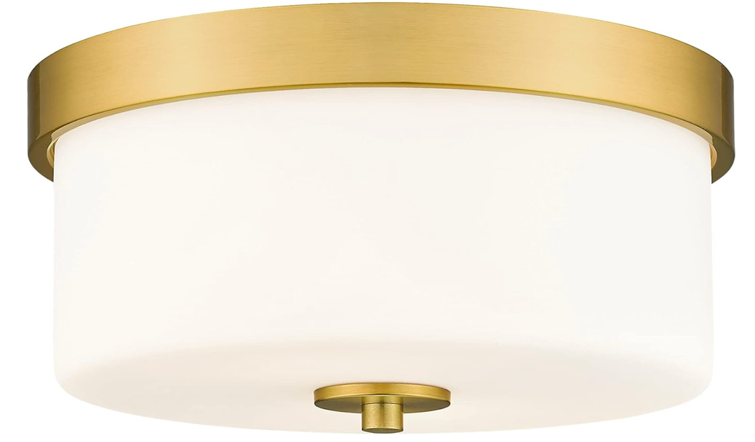Emak 11 Inch Brushed Gold Flush Mount Ceiling Light Fixture, 2Light Fixtures Ceiling Mount with Milk Glass Shades for Hallway, Kitchen, Bathroom, Dining Room, FM082GDML