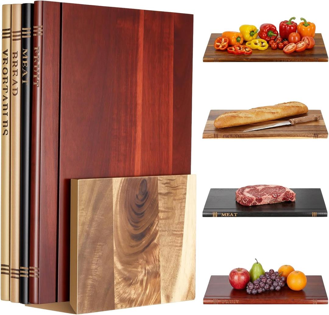 4 Pcs Acacia Wood Book Cutting Boards Set with Wooden Bookend Holder Book Shaped Solid Wood Cutting Board for Kitchen Fruits Vegetables Meat Fish Cheese Bread(Standard)