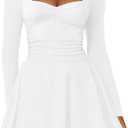 Kaximil Women's Long Sleeve Square Neck Mini Dress Ruched Ruffle Corset A Line Party Short Dresses (White, Small)