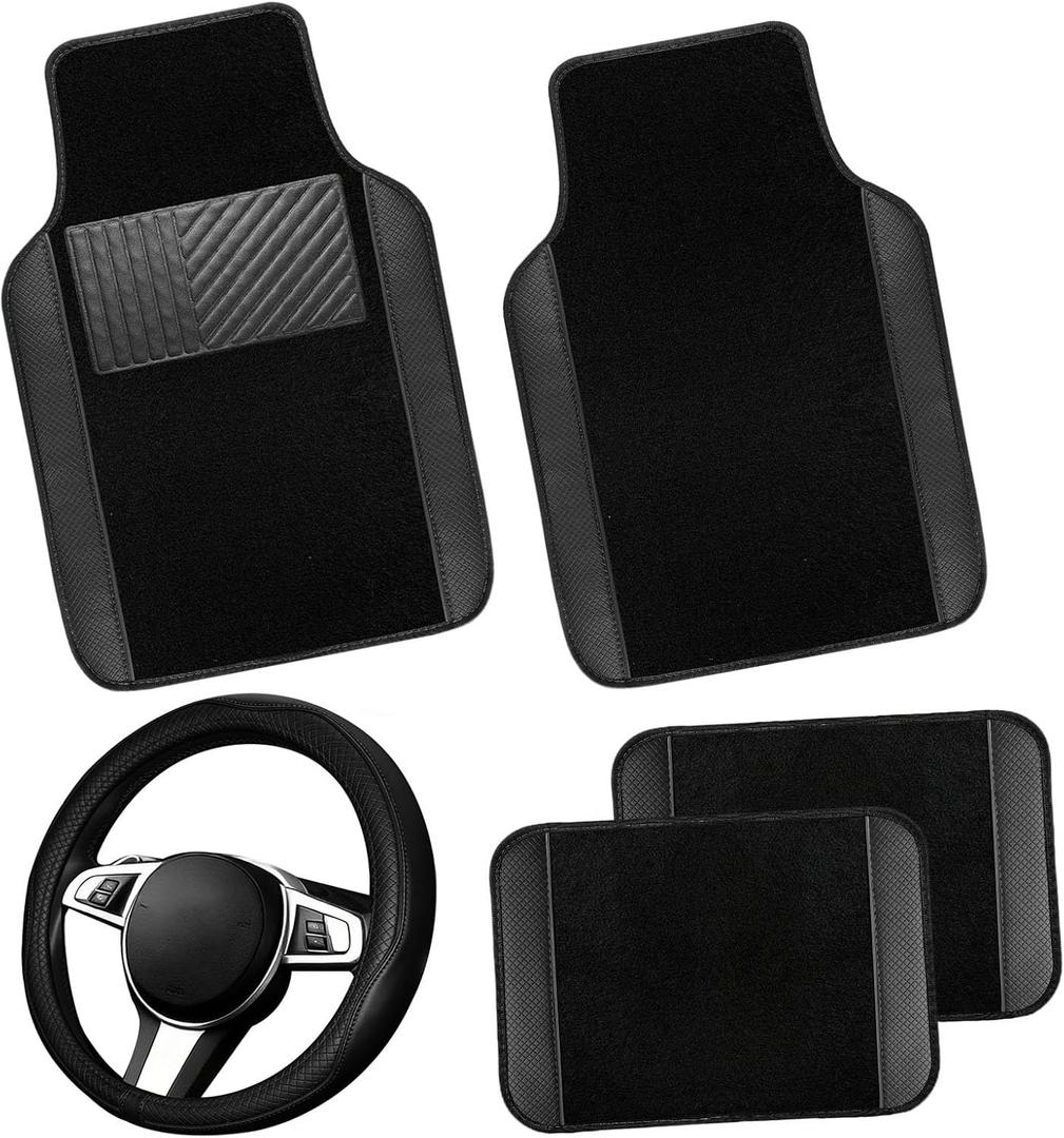 NBTEPEM Microfiber Steering Wheel Cover and Waterproof Car Floor Mats, Universal Fit Most Truck, SUV, Cars, 14.5-15inch Sporty Steering Wheel Covers with Anti-Slip Lining (Black with Black line)