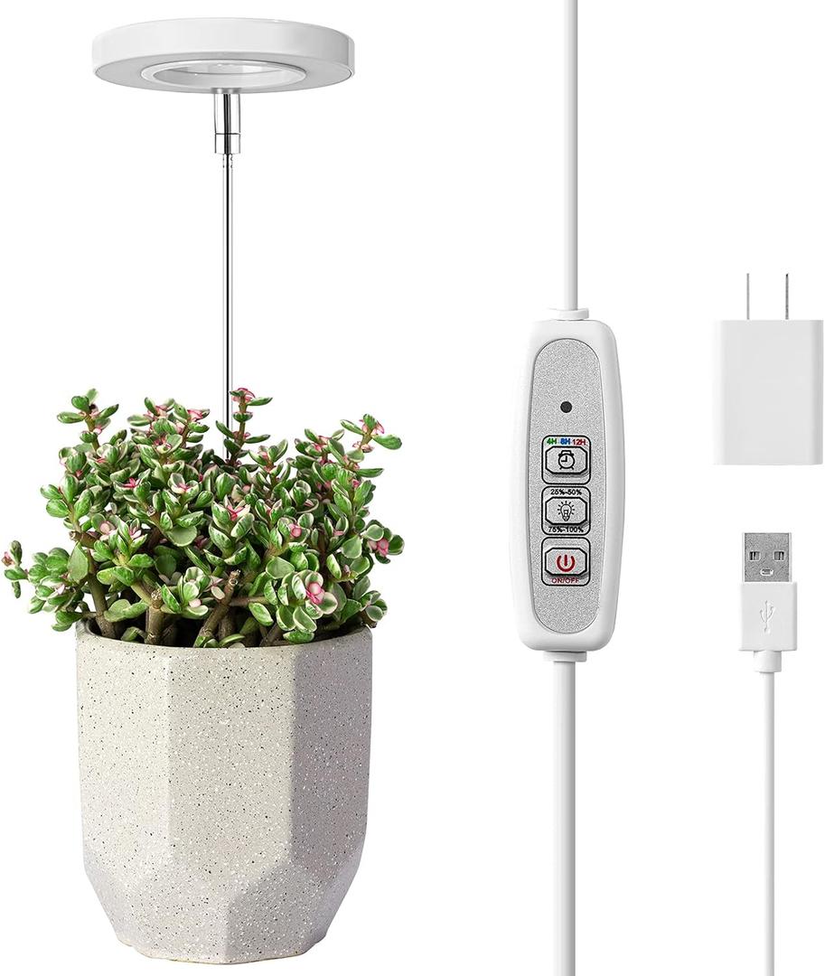 LORDEM Grow Light, Full Spectrum LED Plant Light for Indoor Plants, Height Adjustable Growing Lamp with Auto On/Off Timer 4/8/12H, 4 Dimmable Brightness, Ideal for Small Plants (White)