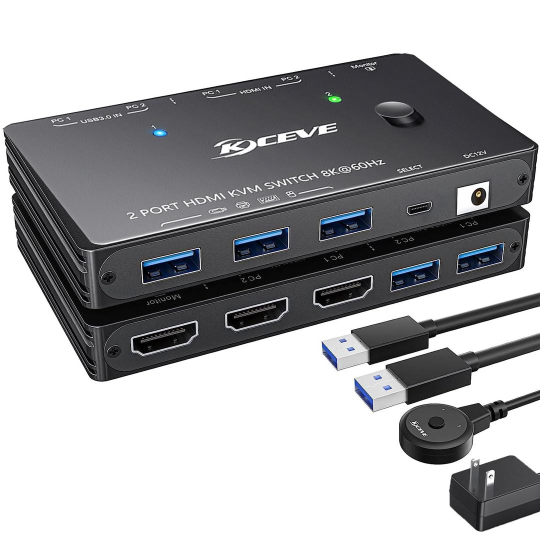 KCEVE HDMI2.1 KVM Switch 2 Computer 1 Monitor 8K@60Hz, KVM Switch HDMI 2 Port with 3 USB3.0, Wired Remote, Power Adapter and USB Cables (Black)