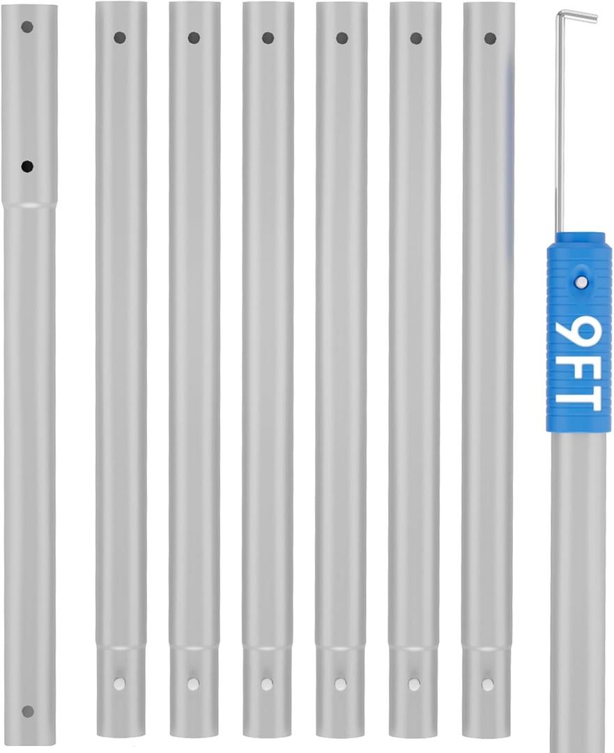 Upgraded Pool Pole 9 Ft Long with Hidden Hook Retriever Aluminum Extended Poles for Skimmer Net Brush and Vacuum Head, Standard Size 1-1/4 Dia.