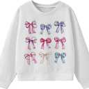 BEAUDRM Girl's Bow Graphic Sweatshirts Long Sleeve Crewneck Cute Pullover Cute Pullover Tops T Shirt (White)