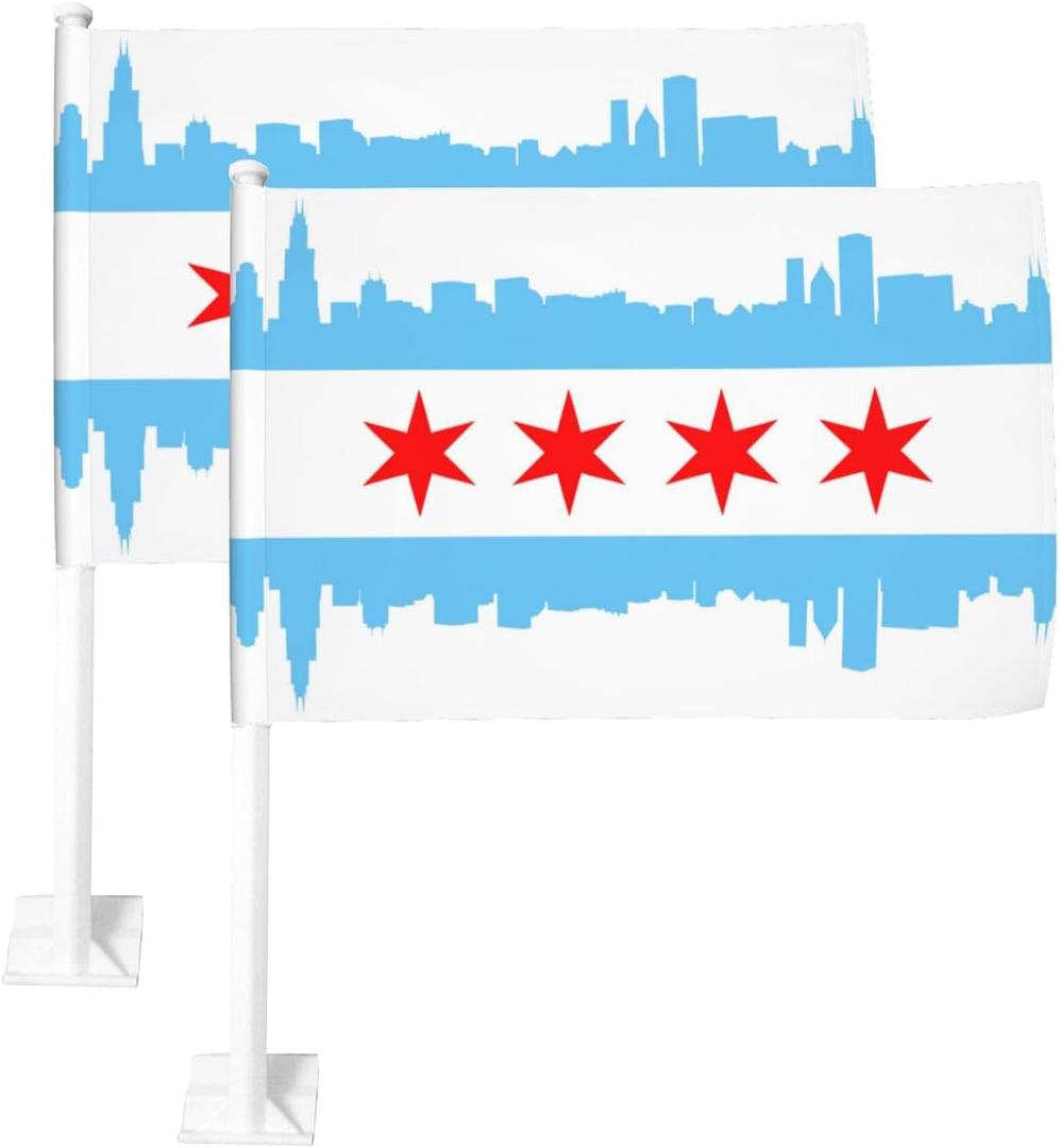 2 Pack Chicago Car Flag 12 X 18 inch Double Side Chicago Sign Car Window Flags