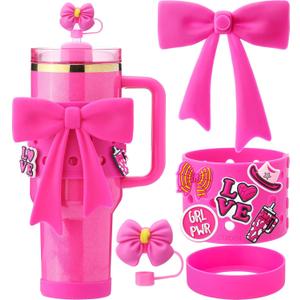 Cup Accessories for Stanley 40oz Tumbler Only, Bow Accessory Decoration, Bow Tie Straw Topper, Silicone Cup Sleeve for Stanley Quencher 40oz, Hot Pink (Rose)