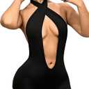 BEAUDRM Women's Cut Out Criss Cross Backless Romper Slim Fittted Halter Shorts Jumpsuit Party Club Night Outfit Black, Large
