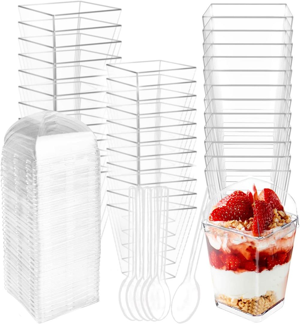 50 Count 5OZ Dessert Cups with Lids and Spoons Square Plastic Dessert Cups Clear Parfait Appetizer Mini Bowls for Tasting Party Desserts Mousse Ice Cream
