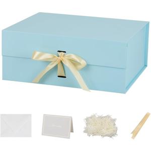 Large Blue Gift Box with Ribbon 1 Pack 13X11X5.3 Inch Large Gift Box with Lid Magnetic Closure Rectangle Collapsible Luxury Box for Wedding Gifts Crinkle Cut Paper Shred with Card