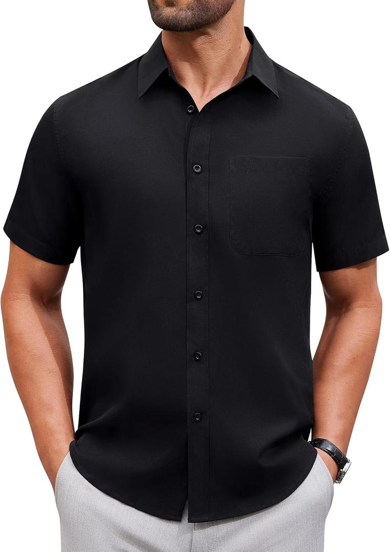 Alimens & Gentle Mens Short Sleeve Dress Shirt Wrinkle Free Solid Casual Button Down Shirts for Summer Business Wedding (X-Large, Black)