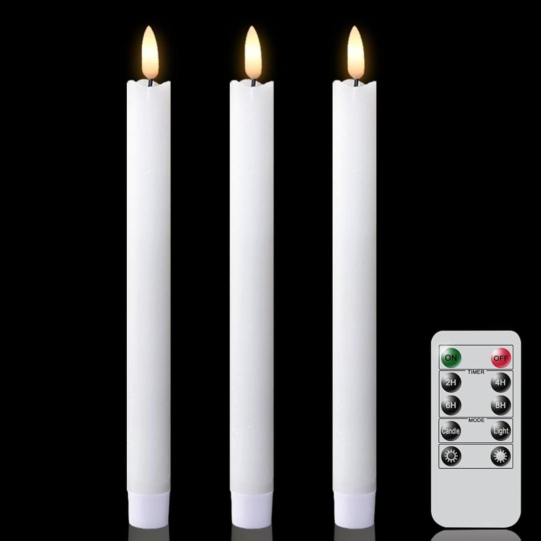 Taper Candles Battery Operated, Flameless Taper Candles with Remote Timer, White Real Wax LED Flameless Candlesticks for Christmas Home Decor(Set of 3, 0.78 x 9.65)