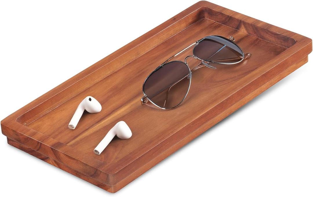 Demigo Acacia Wood Valet Tray & Catchall (11.9x6x1 inch)  Wooden Desk Organizer for Office Supplies, Keys, Wallet & Mail  Entryway & Nightstand Decor