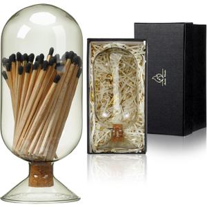 Smoke Gray Glass Match Cloche Holder Decorative Matches Jar Gift Set Fireplace Display Decor with Black Gift Box White Raffia, Not Include Sticks, 2.95 x 7 Inch