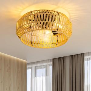 15.8" Boho Cage Ceiling Fan, Retro Light Ceiling Fan with Lights Flush Mount, Low Profile Rattan Ceiling Fans with Lights and Remote Control, Enclosed 6 Speeds for Bedroom, Living Room, Kitchen