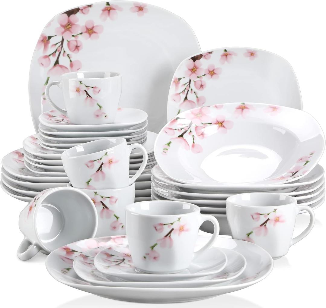 VEWEET 30-Piece Ceramic Dinnerware Set Service for 6 Ivory White Porcelain Floral Pattern Dinner Plate, Soup Plate, Salad Plate, Bowl Set (Annie Series)