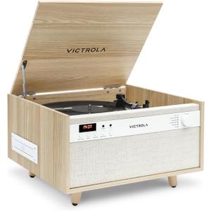 Victrola Century 6-in-1 Vinyl Record Player & Music Center  3-Speed Turntable, CD & Cassette Player, VINYLSTREAM, Bluetooth & 3.5mm Aux, Record Player with Speakers, Mid Century Design (Natural)