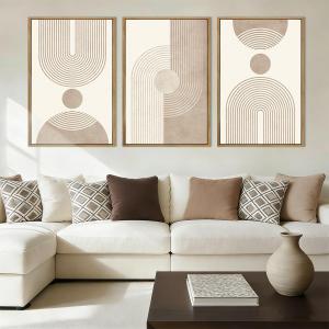 BINCUE Beige Neutral Canvas Wall Art Framed Geometric Abstract Wall Decor Mid Century Modern Artwork Wall Decor for Living Room Bedroom Office 16"x24" Set 3 Gift