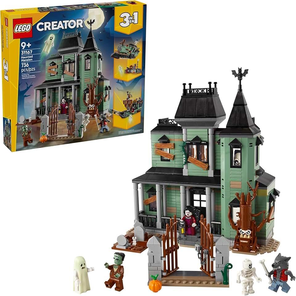 LEGO Creator 3 in 1 Haunted Mansion Building Toy for Kids - Halloween Building Blocks & Learning Toy for Girls & Boys, Ages 9+ - Build a Haunted House, Train, or Ship - Gift for Birthdays - 31167