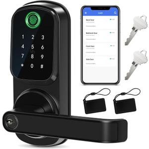 IRONZON Keyless Entry Door Lock with Handle - Smart Door Lock for Front Door 5-in-1 Keypad Door Lock with Handle with Fingerprint, Password, Key, APP Unlocking