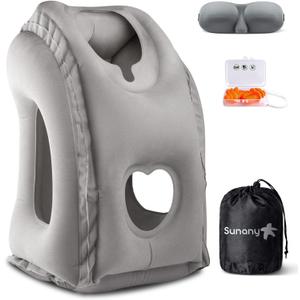Sunany Travel Pillow, Inflatable Neck Pillow Used for Airplanes/Cars/Buses/Trains/Office Napping with Eye Mask/Earplugs (Gray) (Medium, Grey)