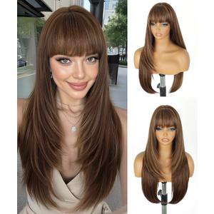 ENTRANCED STYLES Long Mixed Brown Wig with Bangs 26Inch Straight Layered Wig for Women Synthetic Heat Resistant for Daily Party Use (Brown Miex Highlight)