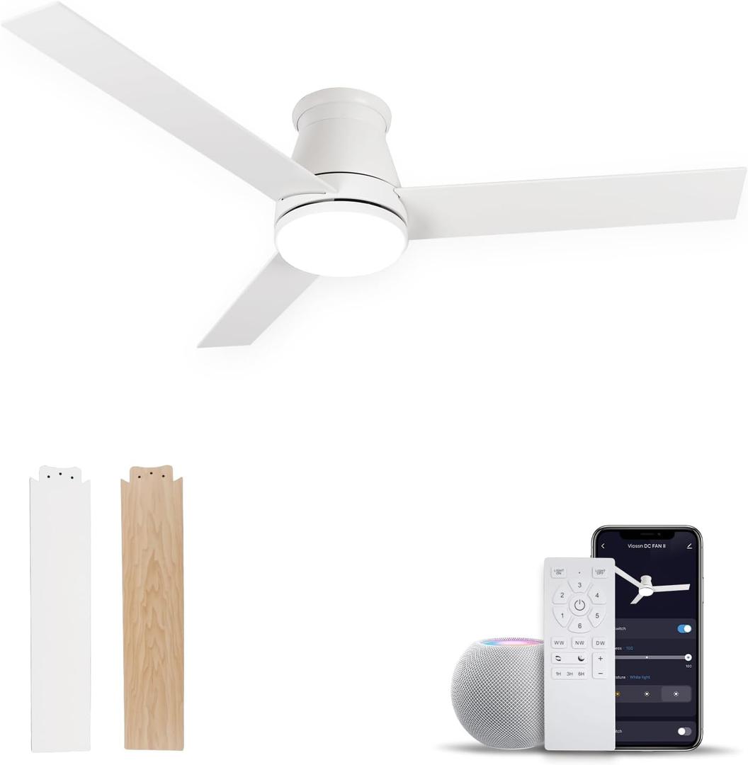 52-Inch Modern Flush Mount Ceiling Fan, Smart Low Profile White Ceiling Fan With Light, 6-Speed With Remote/App, Dimmable, for Patios, Bedroom, Living Room And More