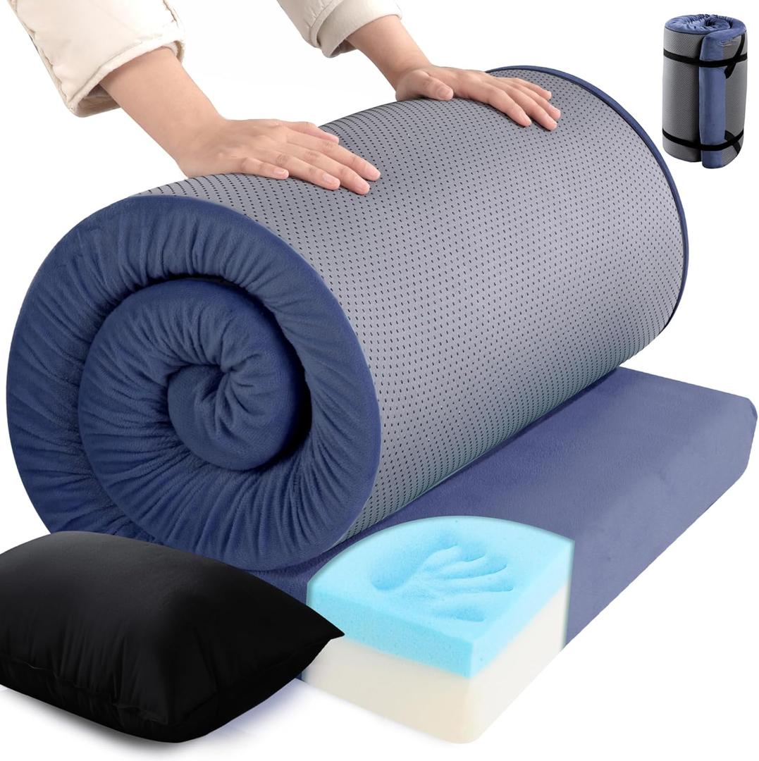 HOMBYS 3 INCH Memory Foam Camping Mattress with Portable Pillow for Outdoor Sleeping, Roll Up Mattress Topper Pad Mat for Travel Truck Bed Tent (Navy Blue)
