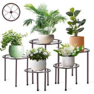 5 Pack Metal Plant Stand, Anti-Rust Iron Plant Stands for Indoor and Outdoor, Heavy Duty Flower Pot Stands for Multiple Plant, Black Potted Plant Holder for Garden Home (5 Pack Brown)