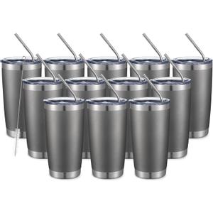 COMOOO 20oz Tumbler Bulk Double Wall Vacuum Insulated Travel Mug, Stainless Steel Tumbler with Lid and Straw Durable Powder Coated Insulated Coffee Cup for Cold & Hot Drinks (cold grey, 12 pack）