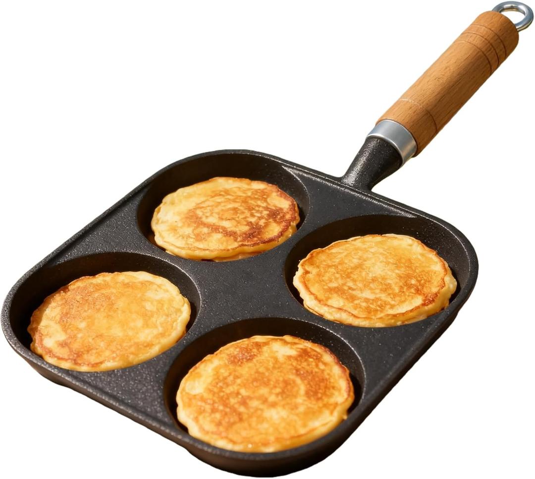 RIIPOO Cast Iron 4-Cup Egg Pan Skillet, Small Omelette Pan, Fast Breakfast Skillet for Eggs, Pancakes, Crepes, Suitable for Gas Stove and Induction Cooktop, Natural Nonstick with Seasoning, 6.6 inch