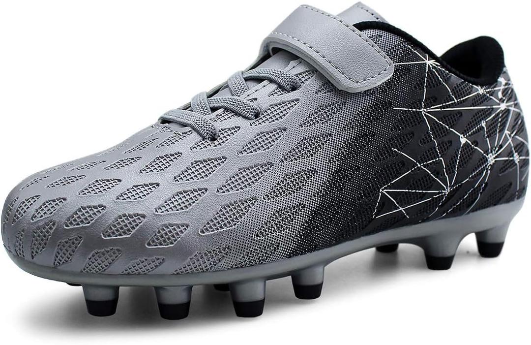 brooman Kids Firm Ground Soccer Cleats Boys Girls Athletic Outdoor Football Shoes, Silver, Size 10
