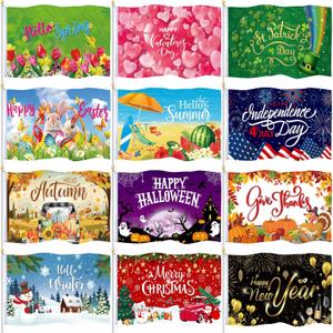 SmoothNovelty 12 Pcs Seasonal Garden Flag 3 x 5 ft Yard Flags for Outside Double Sided Holiday Banner with Grommets for Thanksgiving Christmas Outdoor Banner Decorations