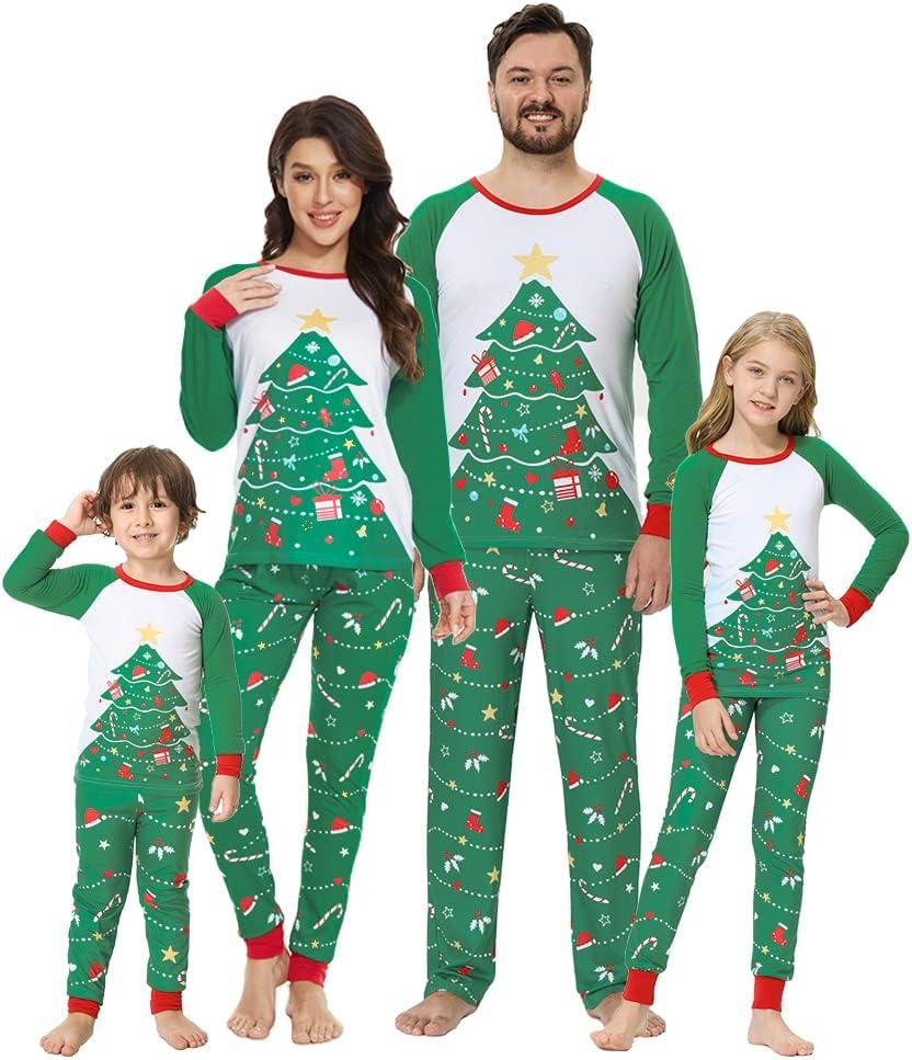 VENTELAN Family Matching Christmas Pajamas Set Holiday Santa Claus Sleepwear Xmas PJS Set for Couples and Kids (10 Years, Green Christmas Tree)