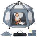 Pop Up Baby Playpen, Instant Setup Anti-Tipping Playard with UV Canopy & Mosquito Net, Portable Indoor Outdoor Beach Play Yard Travel Crib with Carry Bag, Grey