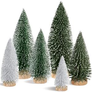 Hatisan 6pcs Mini Christmas Trees Small Bottle Brush Trees with Wooden Base, Artificial Christmas Trees for Village Tabletop Home Room Party Craft Christmas Decor Indoor(Green,Silver)